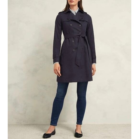 HOBBS Saskia Shower Resistant Trench Coat Womens 14 Navy Blue Belted Classic